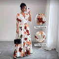 European and american cross-border  women's v-neck drawstring midi dress - summer print beach vacation travel maxi skirt