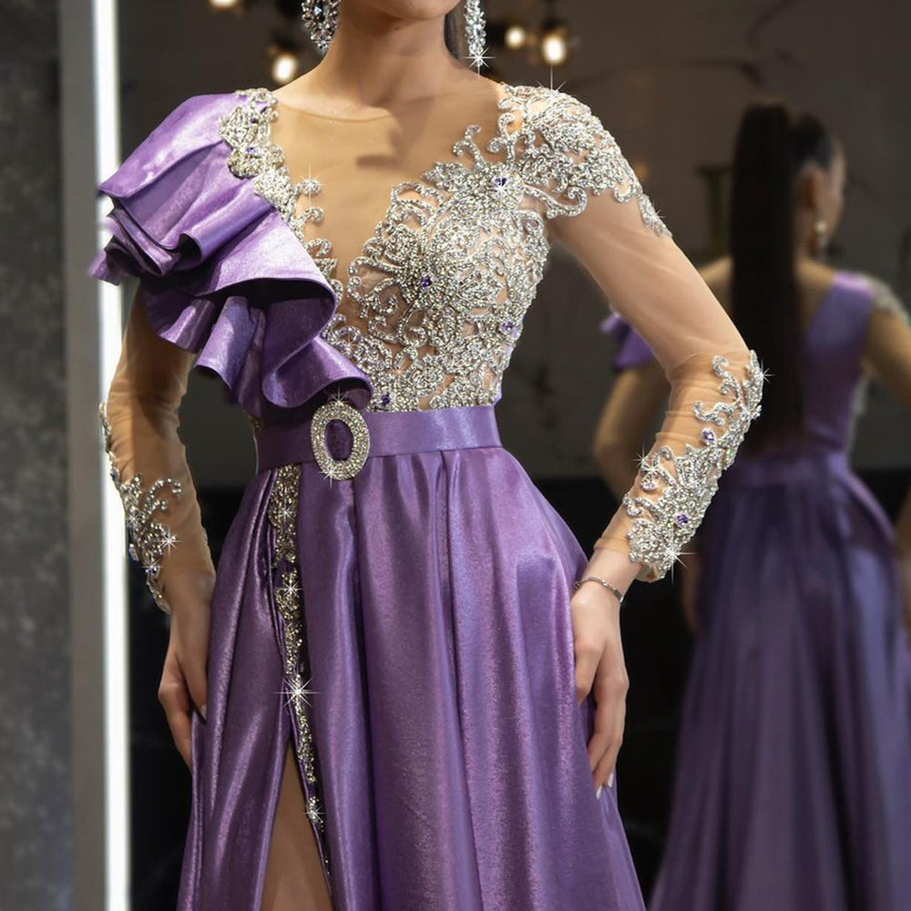 2025 spring new european and american cross-border women's clothing amazon evening gown - women's satin gold-sprayed purple sequin dress