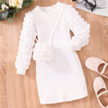 Popular autumn long-sleeve ribbed knit bubble sleeve dress with bag for toddlers and young children - cross-border exclusive