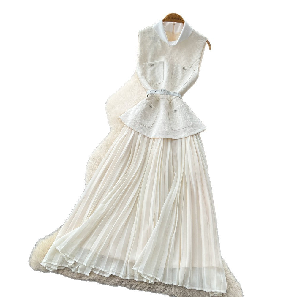 French chic sleeveless notch collar dress - women's summer korean style high waist pleated patchwork maxi dress - elegant and graceful