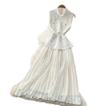 French chic sleeveless notch collar dress - women's summer korean style high waist pleated patchwork maxi dress - elegant and graceful