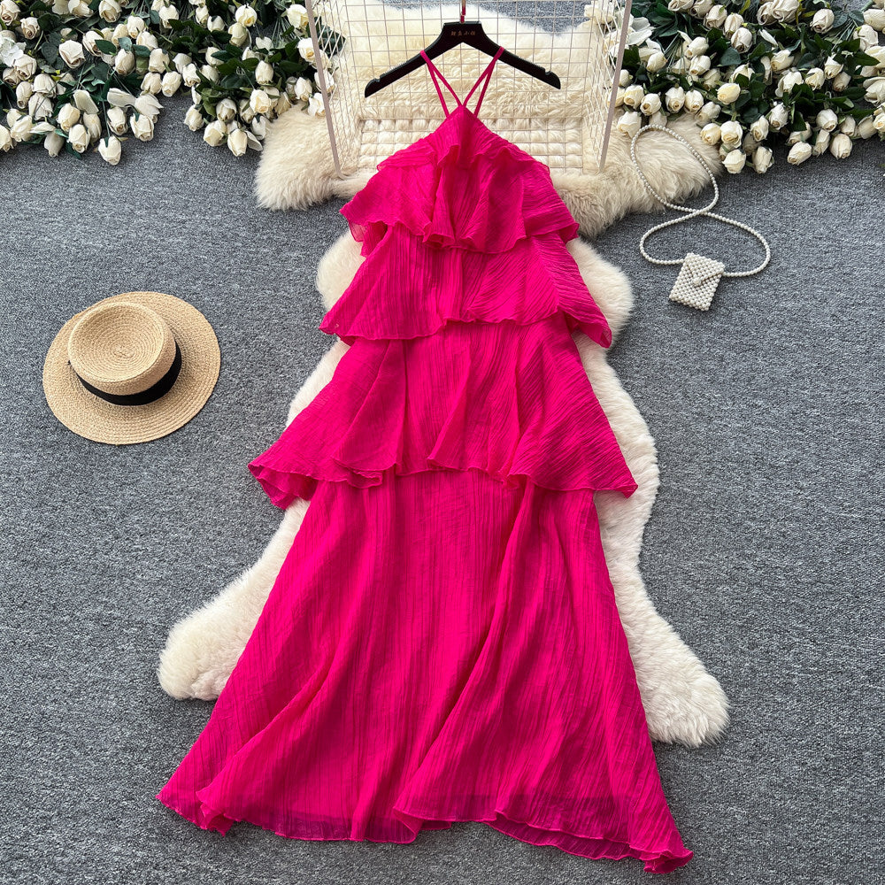 Vacation-style sleeveless romantic yellow cake dress - women's summer ruffle trim slimming fairy dress