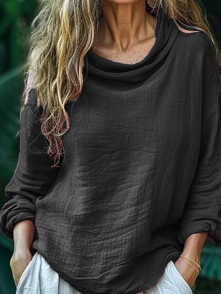 European and American  spring new women's clothing casual loose fashion long-sleeved solid color stacked collar pullover pleated top