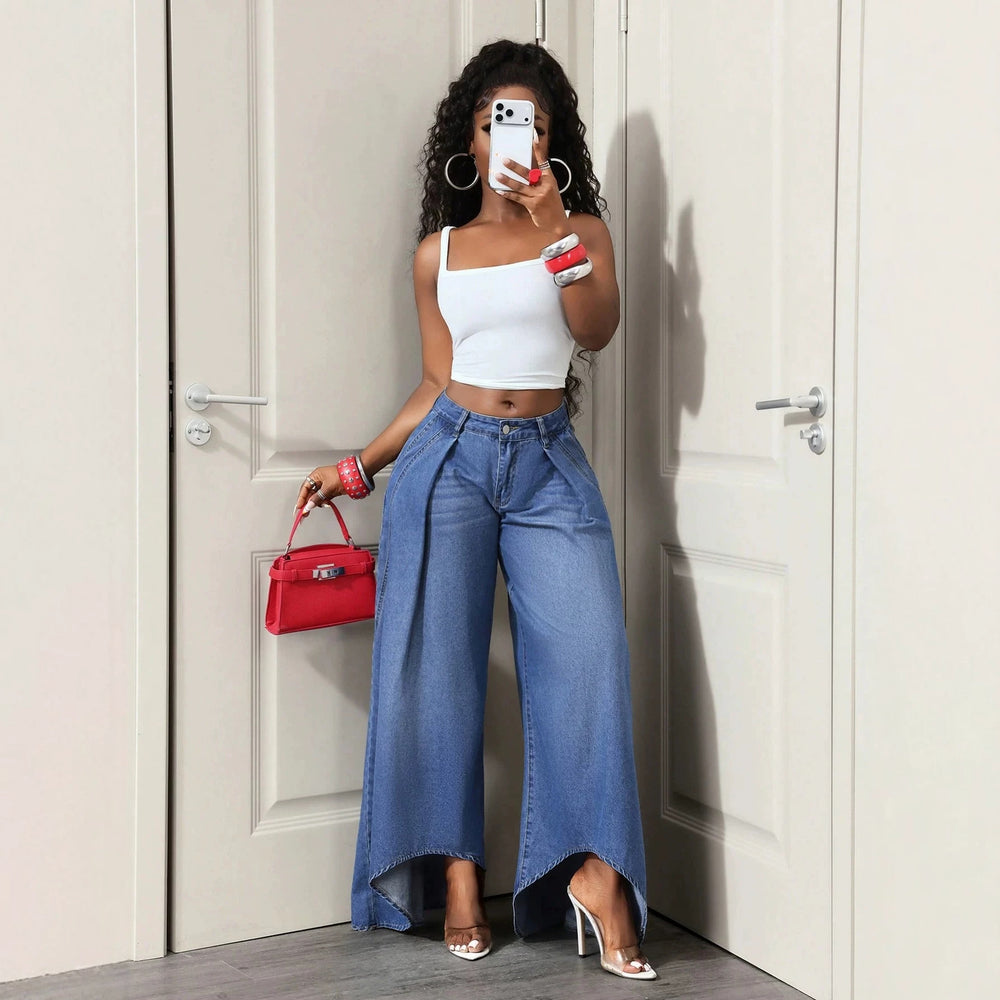 Fashionjeans women's double-layer patchwork slit loose pants high waist pleated large swing drapedmop denim pants