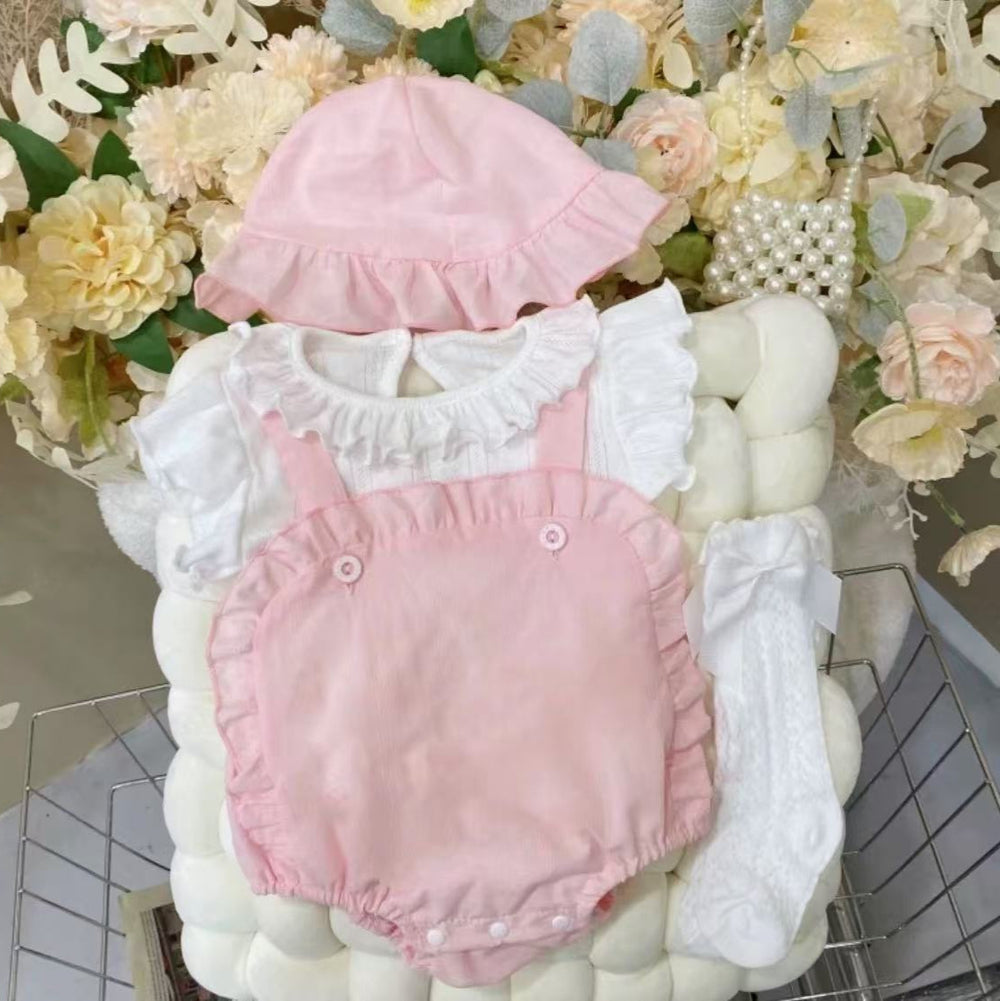 Summer newborn & infant fashion lace overalls set - baby girl cute top & lace inner layer 4-piece outfit