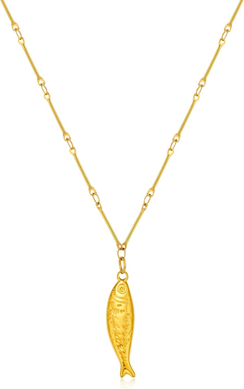 European and american stylish stainless steel beach fish 8k gold pendant necklace fish element titanium steel ocean wind earrings in stock