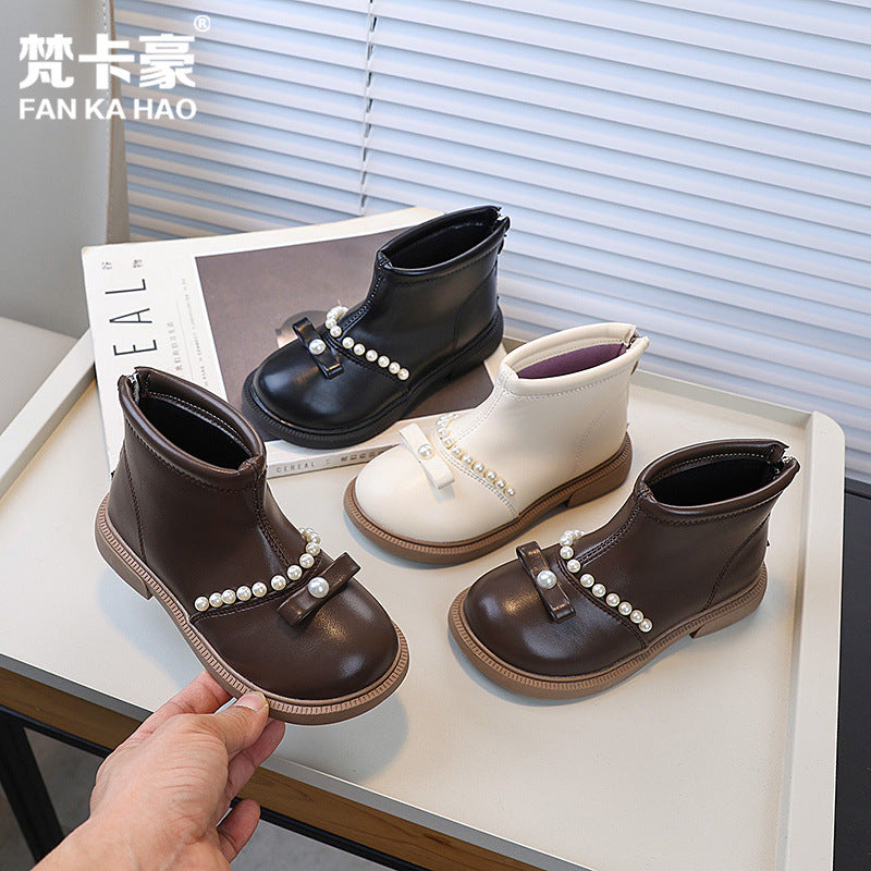 Vancahao girls' bowknot pearl princess boots - new autumn  korean style fashion ankle boots for girls and big kids