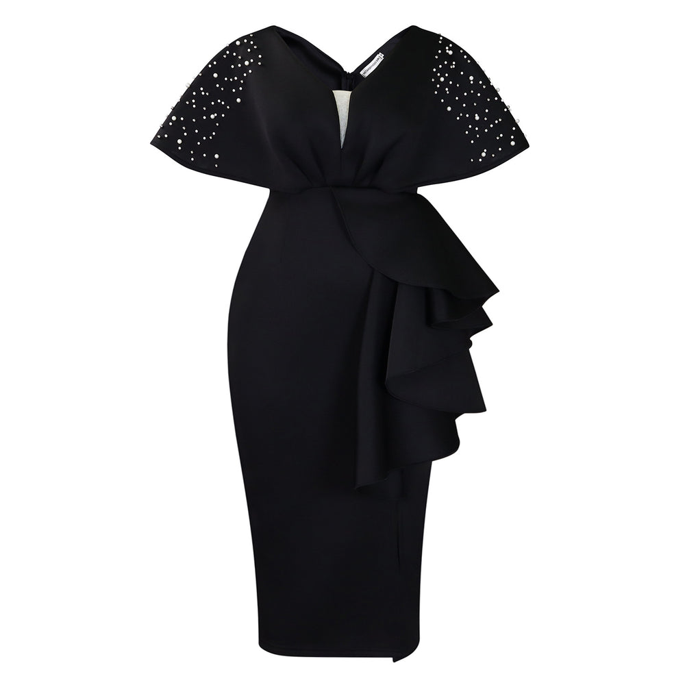 D516  summer sexy v-neck ruffle slit beaded evening gown - elegant socialite style banquet dress