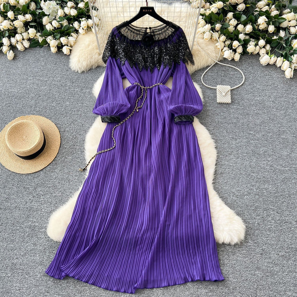 Autumn european and american retro court style heavy sequin embroidered long pleated puff sleeve dress women's pleated skirt
