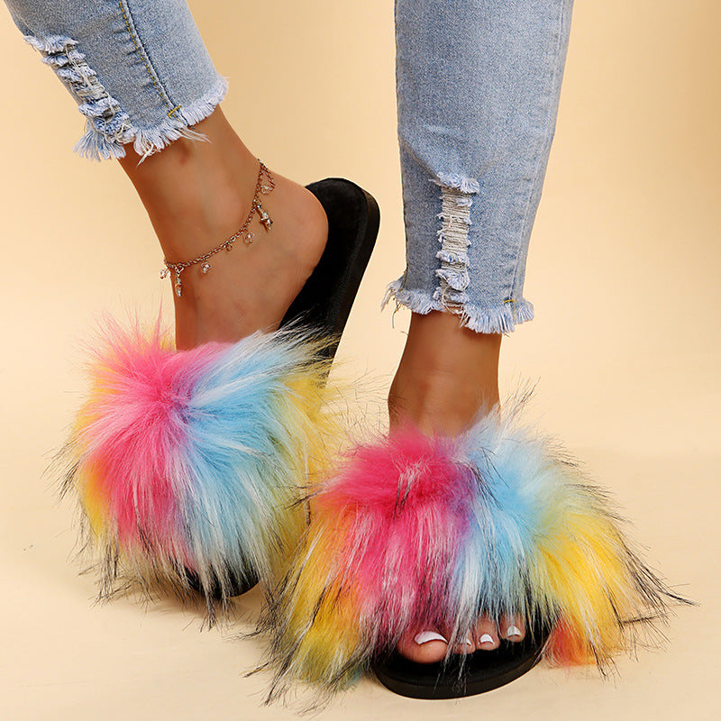 Women's faux fox fur slippers - new autumn/winter collection - warm, flat-heeled cotton slides for indoor/outdoor wear