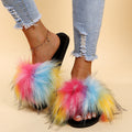 Women's faux fox fur slippers - new autumn/winter collection - warm, flat-heeled cotton slides for indoor/outdoor wear