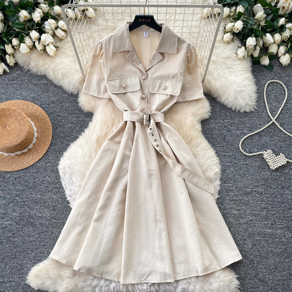Lightly mature french style work clothingsilmdress women's summer short-sleeved lapel metal buckle waist a-line skirt elegance