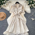 Lightly mature french style work clothingsilmdress women's summer short-sleeved lapel metal buckle waist a-line skirt elegance