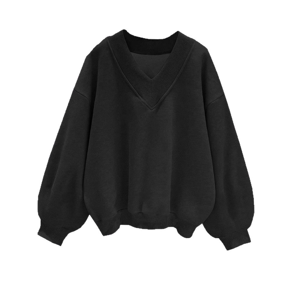 Amazon cross-border foreign trade autum gray sweatshirt short-sleeved k-stylecasualloosev necktopsplaidlong sleeves