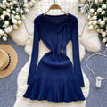 French chic knit dress - autumn/winter collection: bow accent, ruffle trim, unique design, elegant mini dress