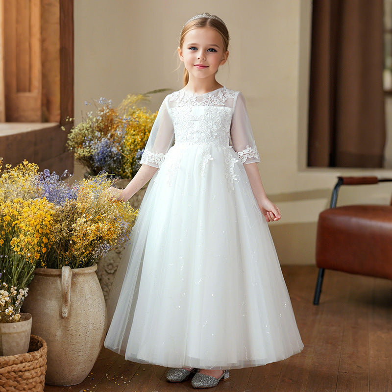 export girls' dresses: lace-trimmed, bestselling flower girl wedding dresses, runway-ready, piano performance outfits with three-quarter sleeves