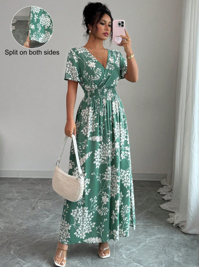 new cross-border french print v-neck summer women's dress