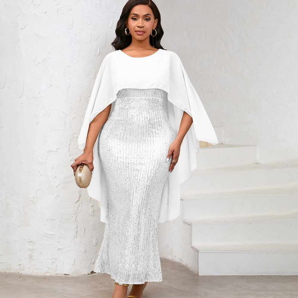 D556 european and american style spring new fashion chiffon cape sequin bodycon maxi dress banquet party gown