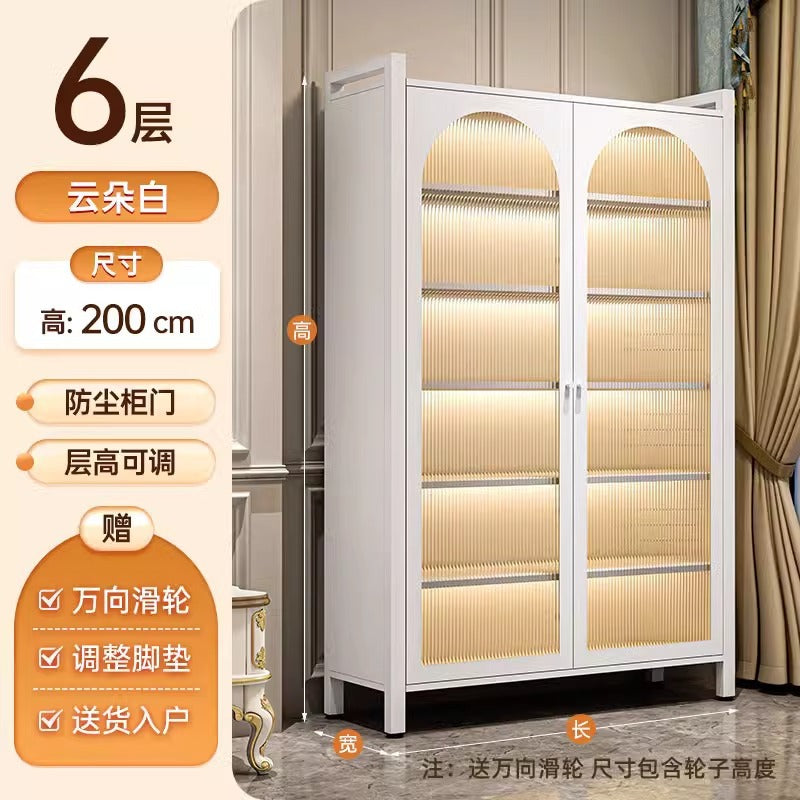 Steel bookshelf with glass door dustproof bookcase living room storage cabinet iron storage cabinet cream style figure display cabinet