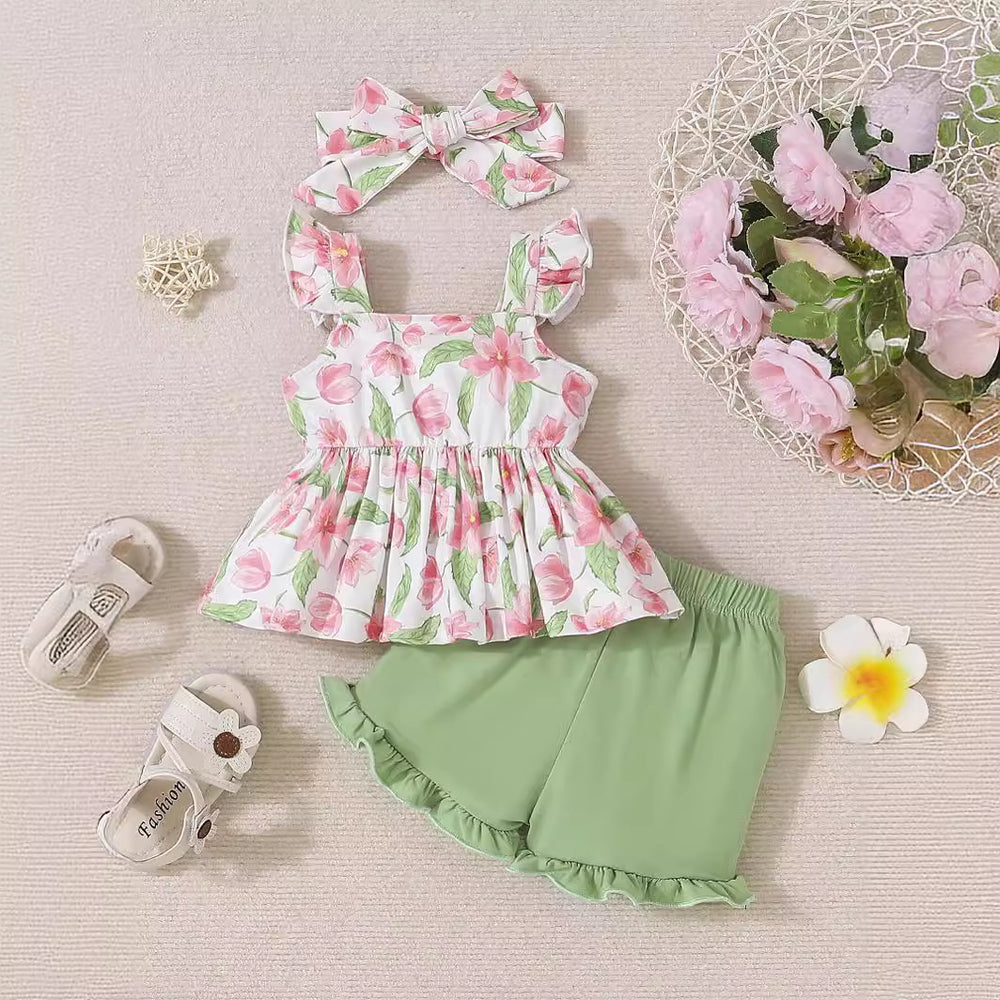 baby sling suit for baby girls 0-2 years old fashion flower sling cute cotton shorts three-piece set for summer