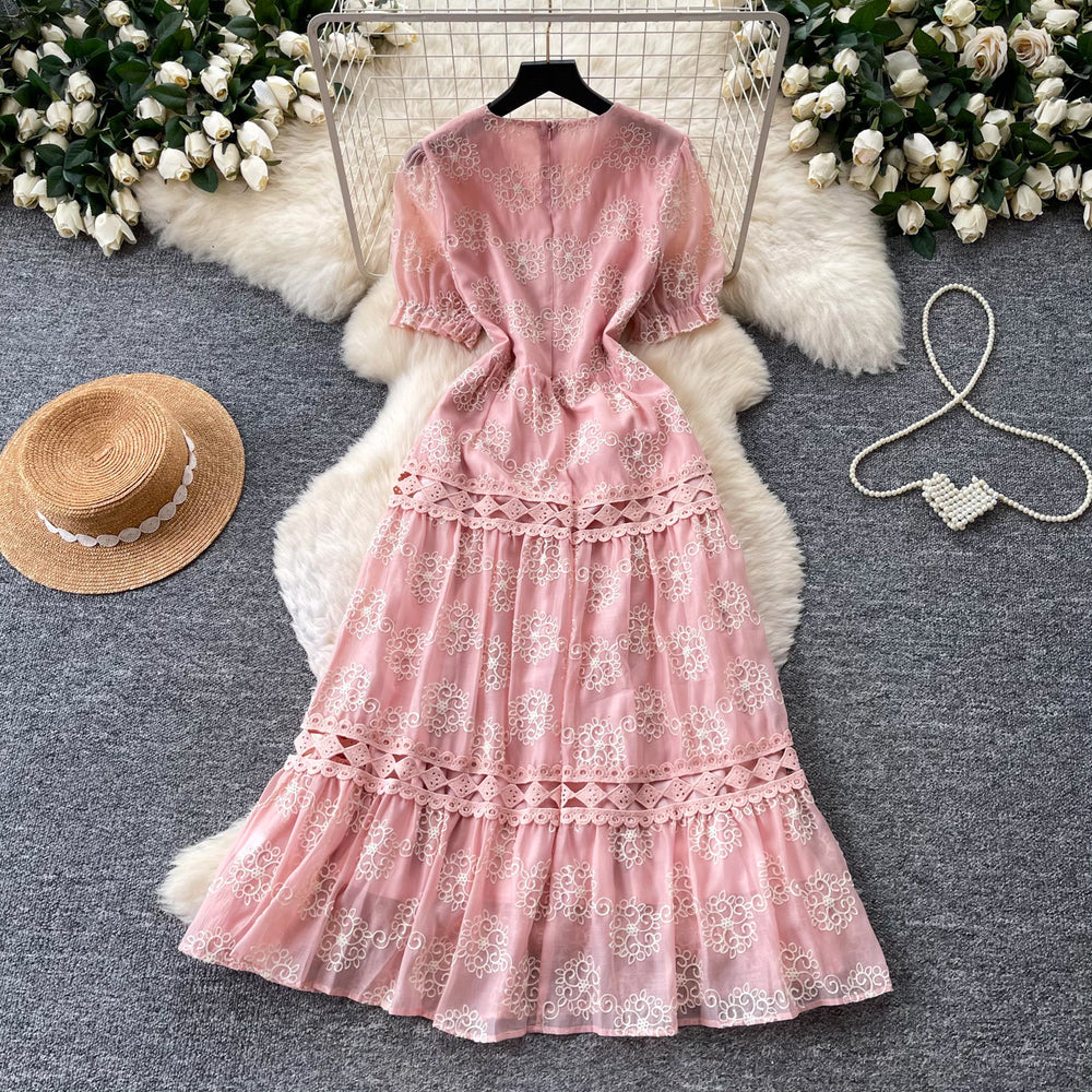 French romantic pink v-neck lace dress - women's summer korean style short sleeve slimming a-line cake dress