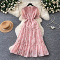 French romantic pink v-neck lace dress - women's summer korean style short sleeve slimming a-line cake dress