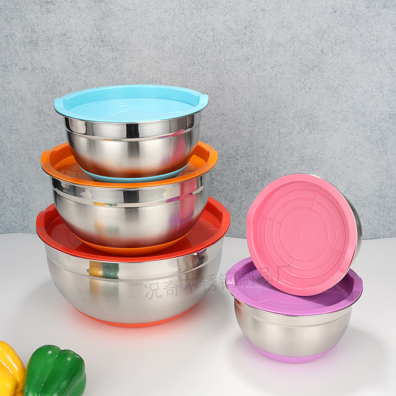 american colorful silicone bottom salad bowl with lid cooking baking salad bowl set stainless steel egg bowl