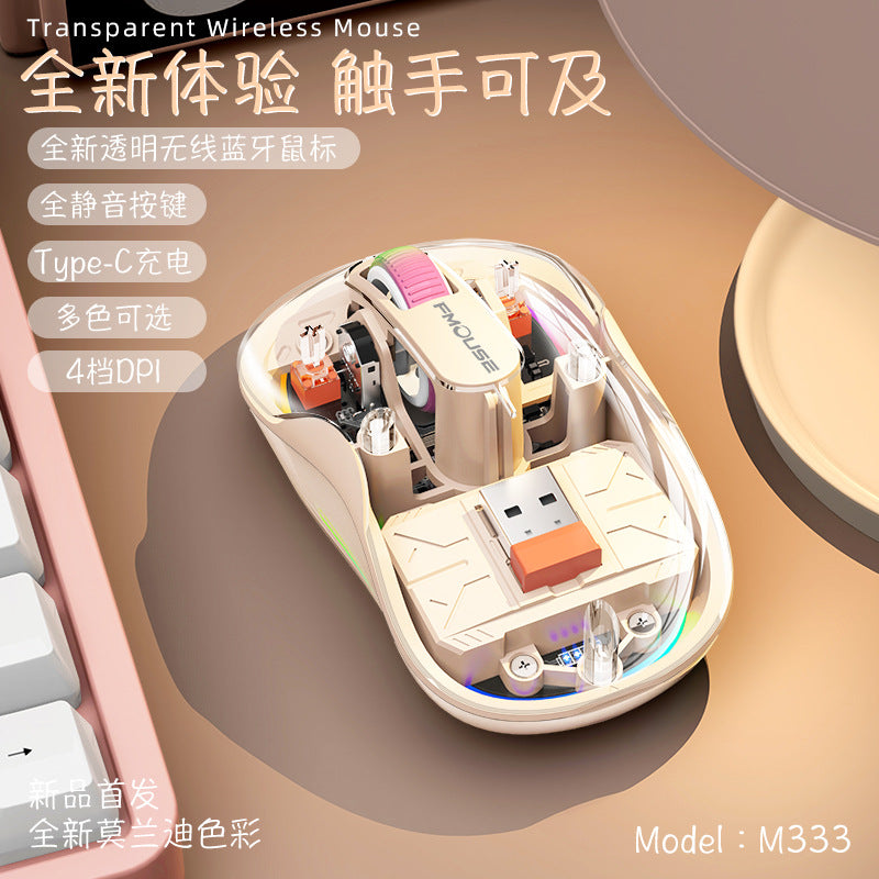 New m333 wireless bluetooth transparent mouse - rechargeable, with colorful breathing light, for tablets, laptops, and office use