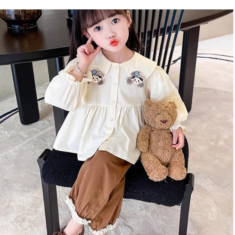 Girls' spring long-sleeve new style fashionable children's clothes baby doll shirt trendy kids' wear turn-down collar for girls