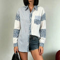 Exportfashionniche stylepatchworklong sleevesshirtstripesleopard printcontrast color lapel patch pocket lazy stylecasual small shirt