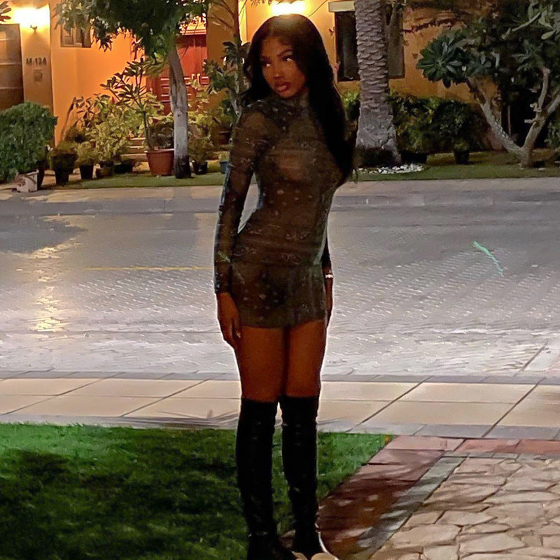 European and American   summer new printed pullover sweet short dress black temperament commuter mid-waist dress