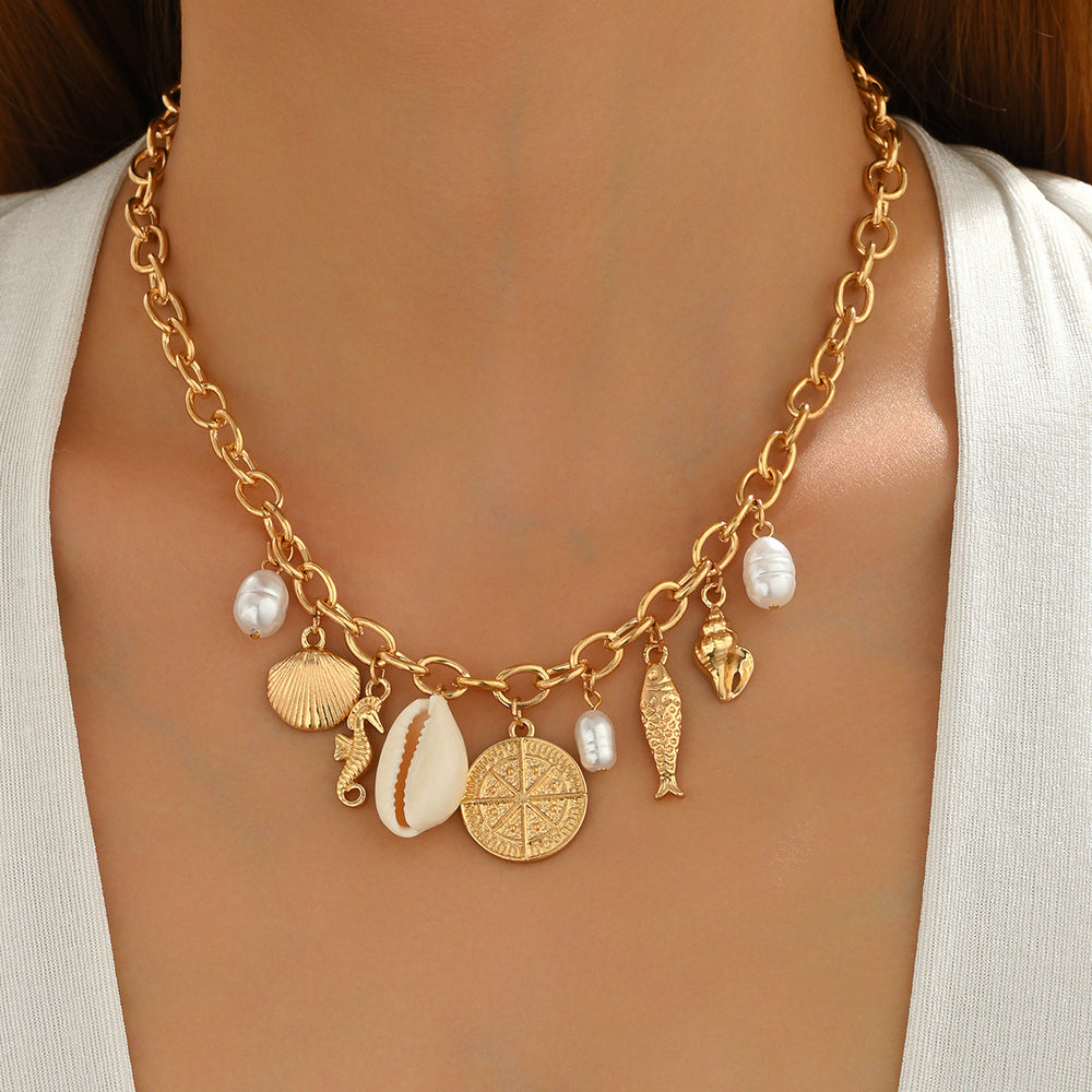 Wholesale necklaces: european and american casual & vacation style, high-end seashell necklaces, faux pearl conch & seahorse disc pendants