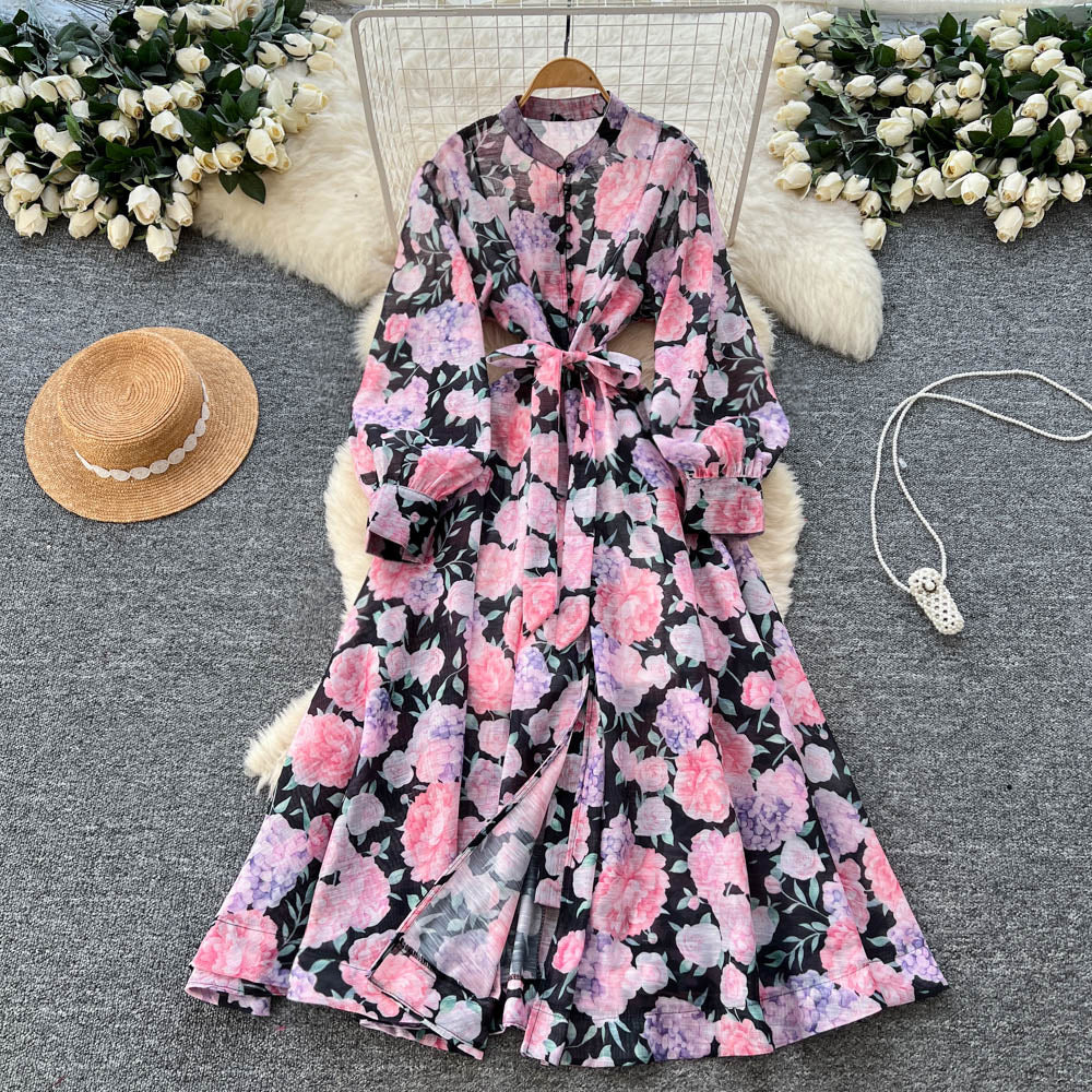 French chic elegant dress - women's autumn  collection: court style, tie-waist, slimming, single-breasted, printed maxi dress