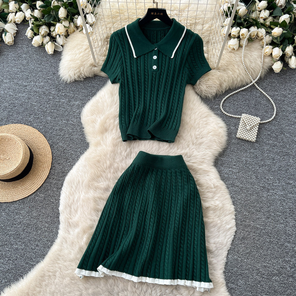 Preppy style polo collar knittingtwo-piece set female summerwork clothing styleslimming look short-sleeved topselegant skirt suit
