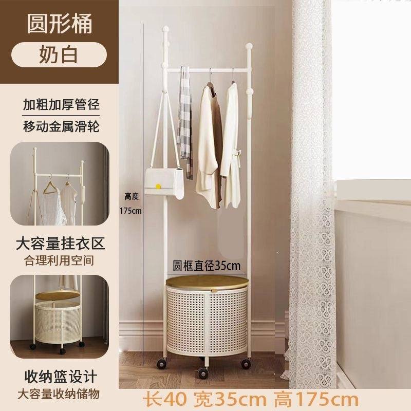 Bedroom floor-standing secondary net clothes hanger, small clothes hanger with dirty clothes basket, movable coat rack, round frame black