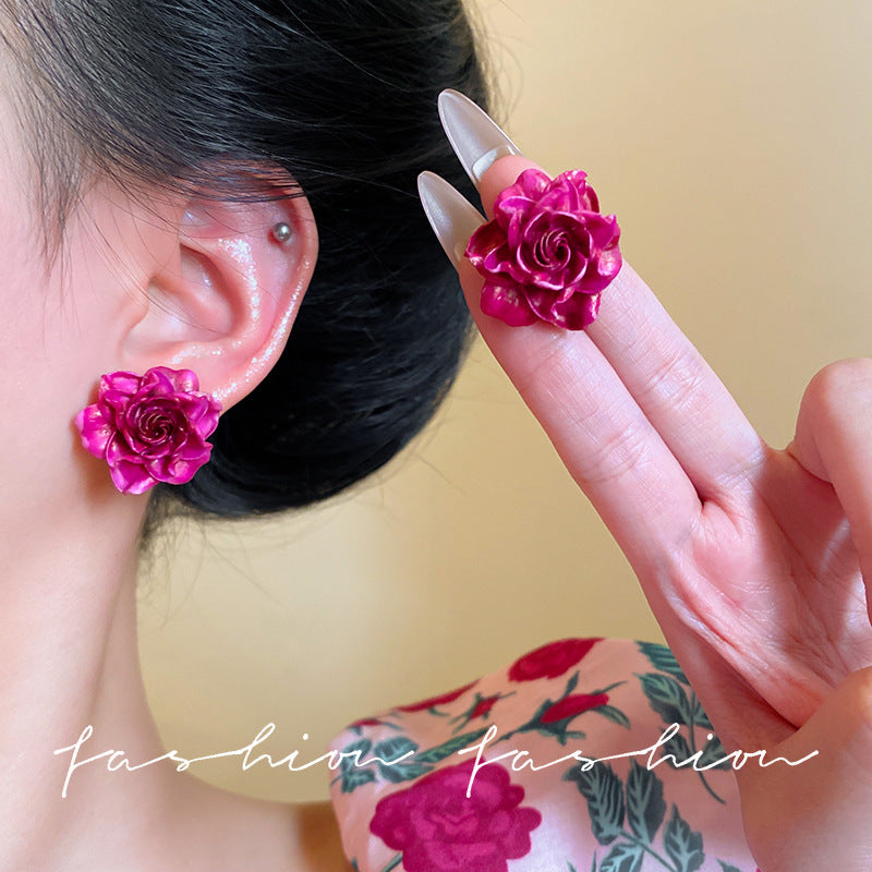 New rose red resin flower earrings - minimalist, sweet, elegant, and luxurious. versatile stud earrings for women - wholesale