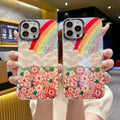Rainbow floral oil painting iphone 17 pro max diamond glitter phone case, luxury shockproof protective cover for iphone 16 & 15, compatible with iphone 13