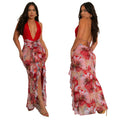 C7262 cross-border   fashion women's sexy deep v halter neck slim-fit printed dress