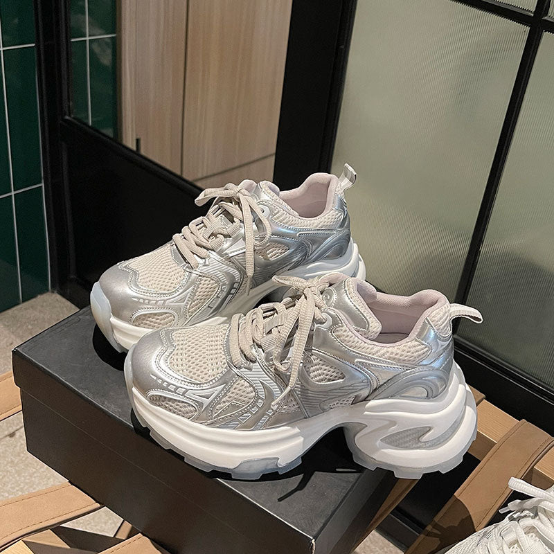 Women's chunky platform mesh breathable silver dad shoes - 2025 summer new fashion, height increasing, versatile casual sneakers