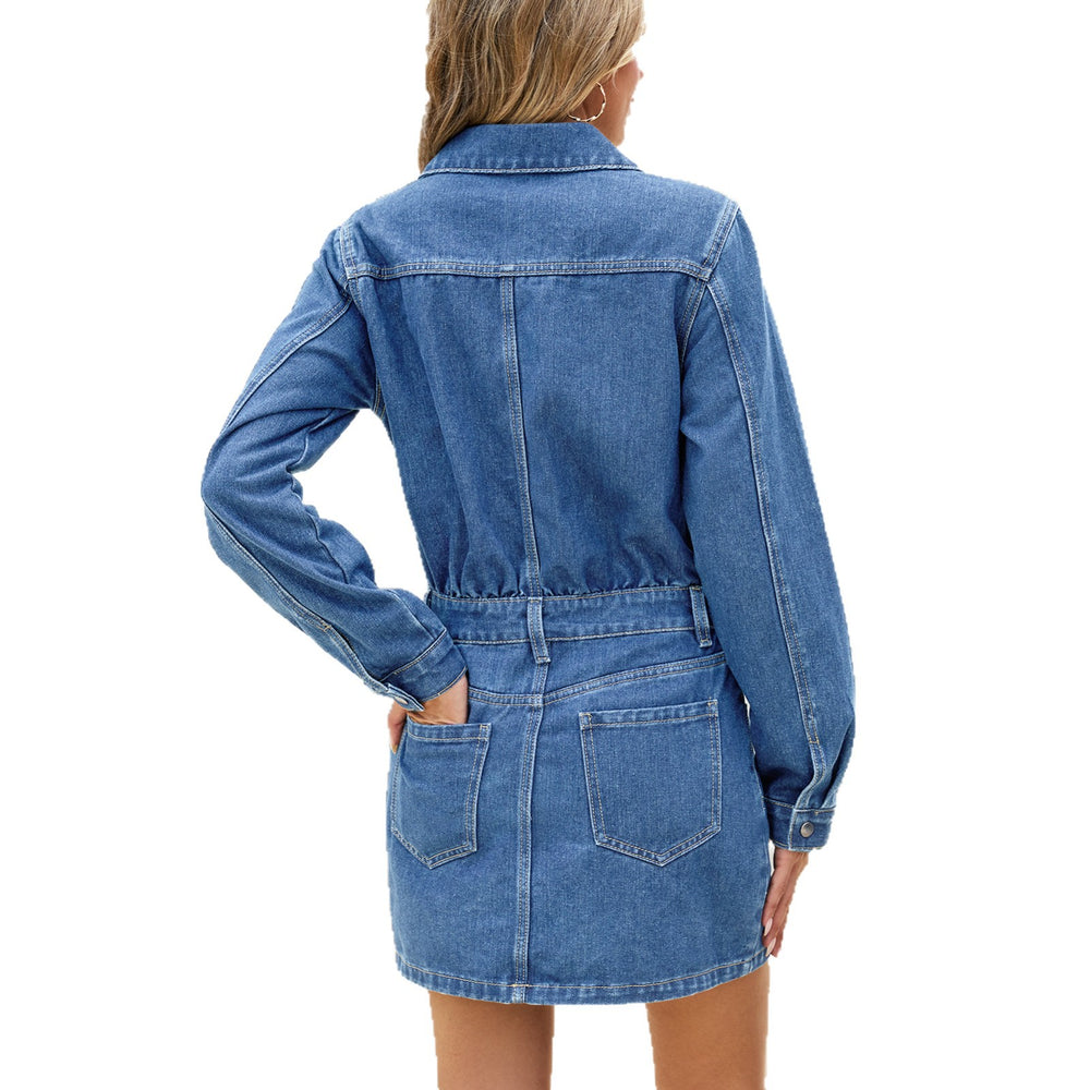 European and american cross-border e-commerce  french chic fashion long sleeve turn-down collar denim slim fit short dress for women