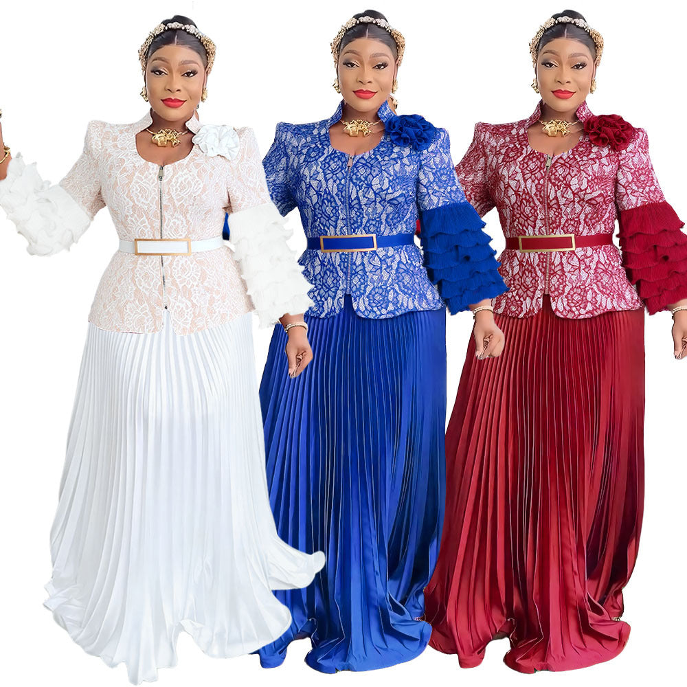 African women's fashion european and american cross-border trade pleated lace print dress evening party long dress wedding dress two-piece set