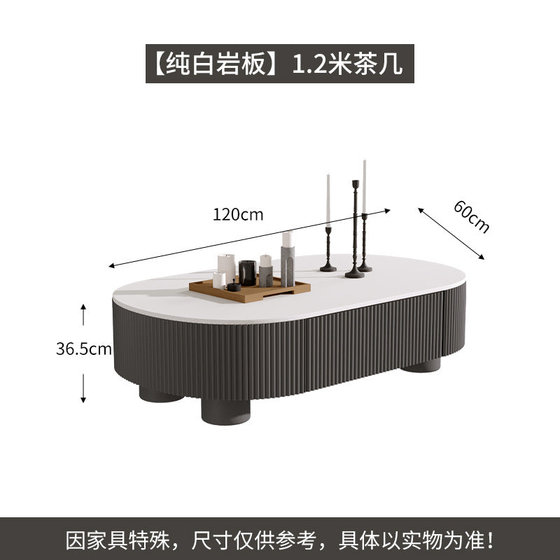 Cream oval rock slab coffee table - new living room design for small spaces, modern minimalist, high-end light luxury with storage