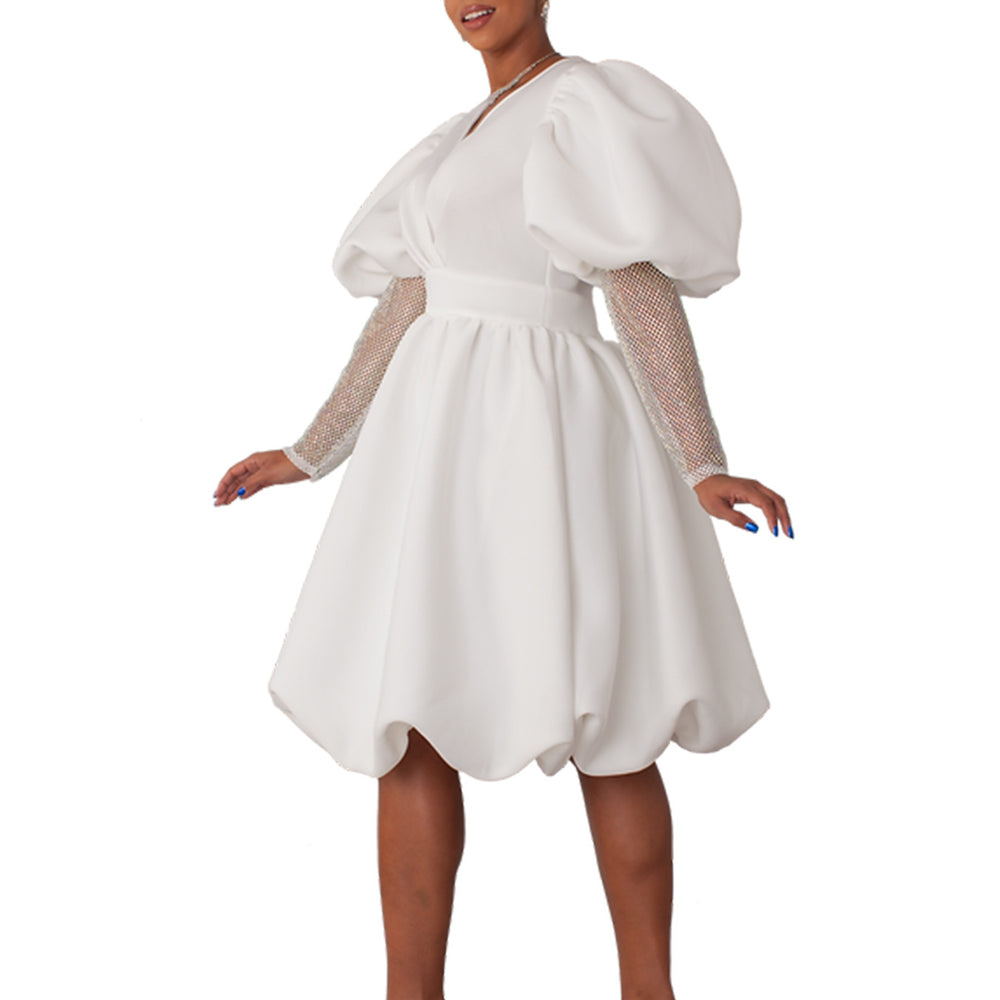D495   european and american foreign trade women's v-neck flared bubble sleeve evening gown bridesmaid dress
