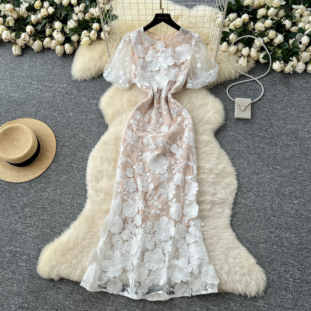 French high-end elegant heavy embroidery floral round neck lantern sleeve cinched waist slimming mermaid tail evening gown dress