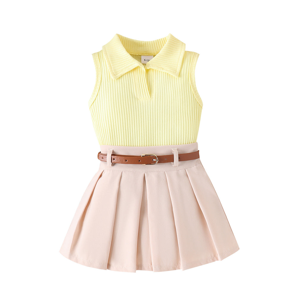 cross-border spring/summer new arrivals: girls' trendy sleeveless ribbed top with pleated skirt and belt set (sizes for toddlers and young children)
