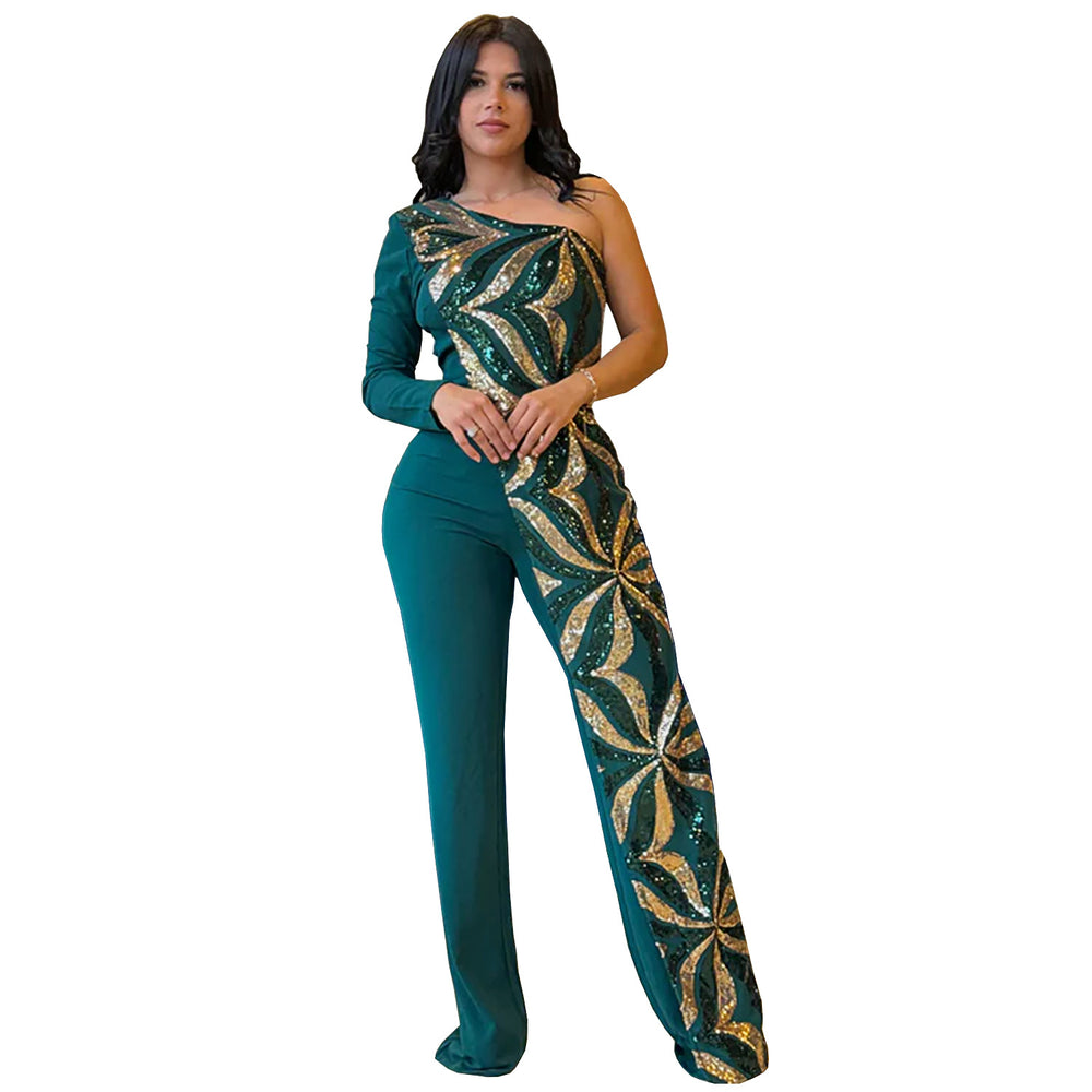 C7301 cross-border   fashion women's elegant bodycon one-shoulder sequin sleeveless jumpsuit
