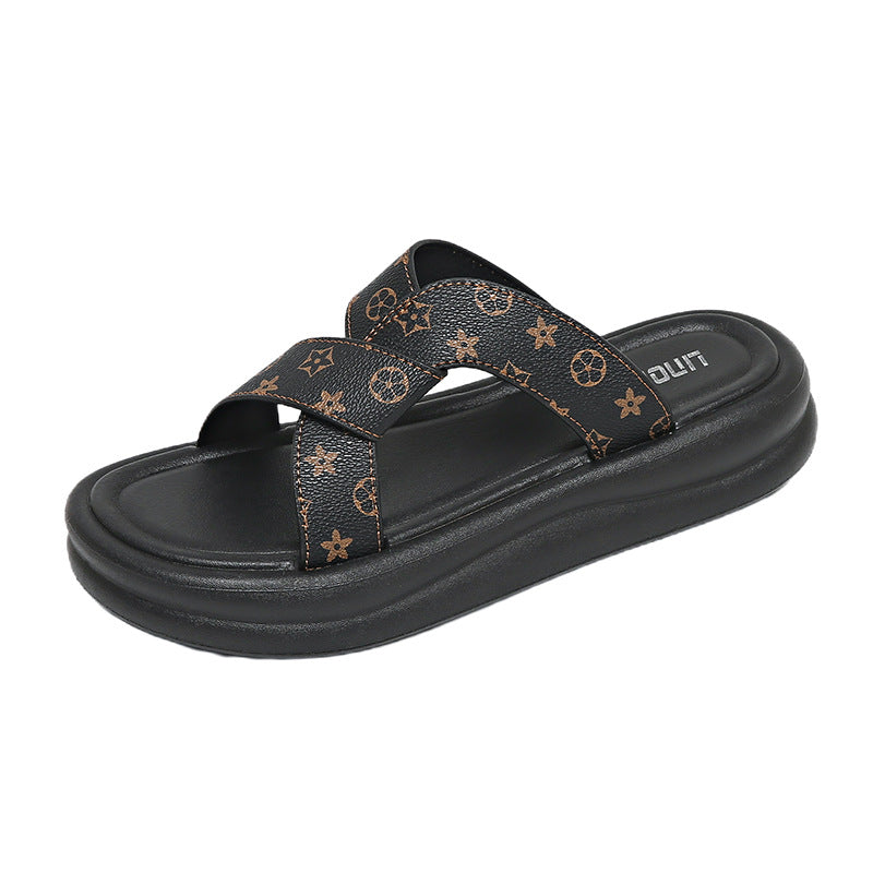 High-end trendy printed sandals and slippers for women, perfect for summer wear. roman-style, thick-soled, breathable, fashionable, versatile, and height-increasing flip-flops