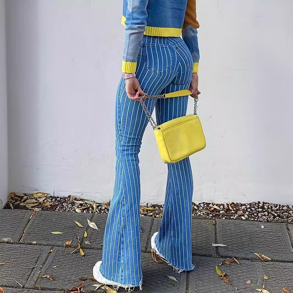 European and american striped denim jeans for women - new arrival, elegant commute style, stretchy micro flare pants, high-waisted raw hem jeans