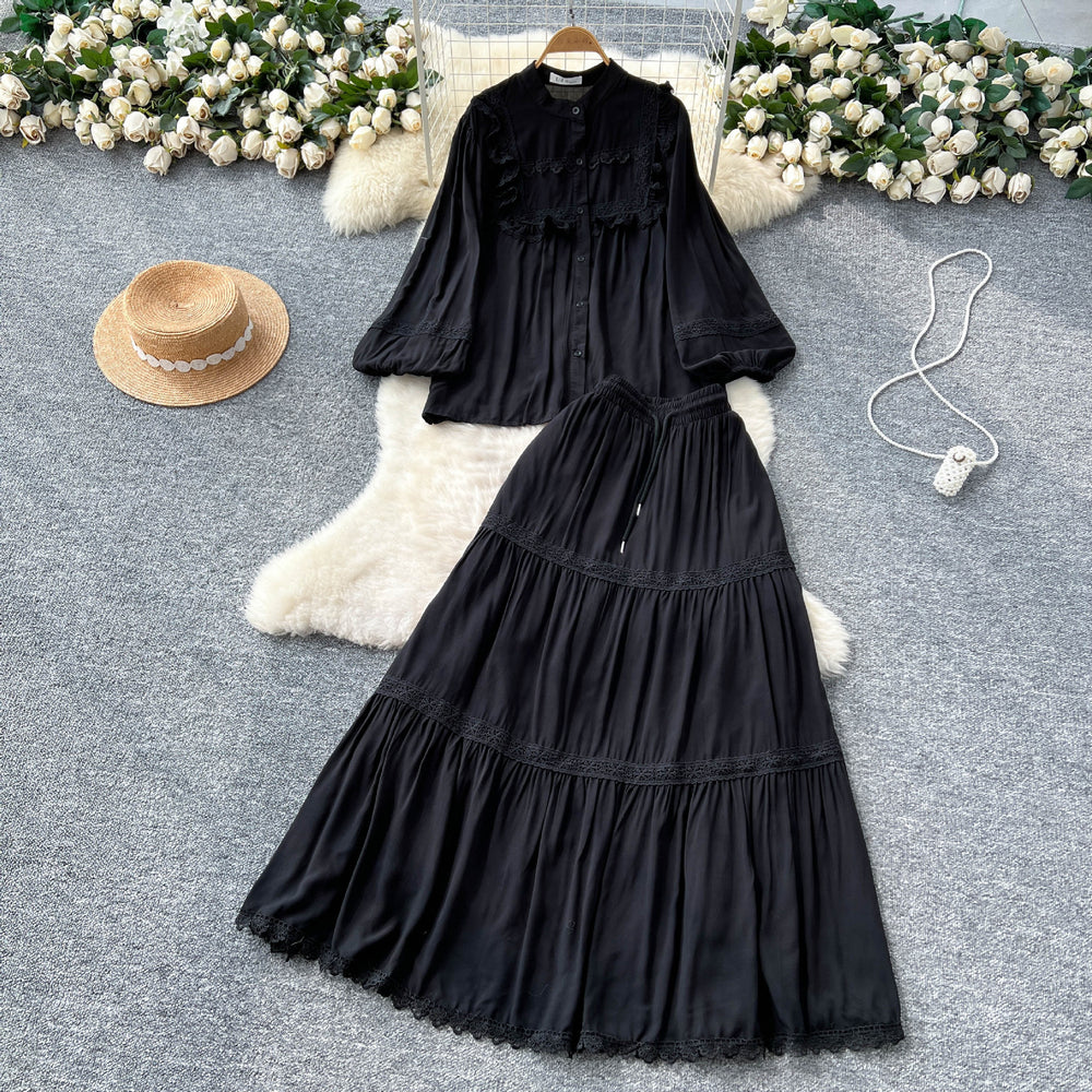 French chic outfit: women's vintage court style lace trimmed lantern sleeve single-breasted blouse with high-waisted flared midi skirt