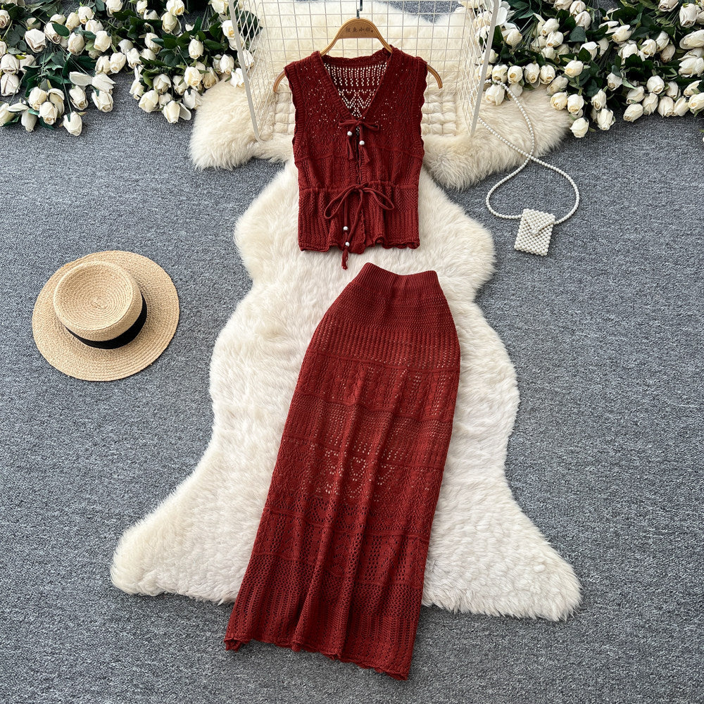 summer hollow-out knit slim-fit two-piece set - women's retro sleeveless, slimming, elegant, and chic workwear outfit